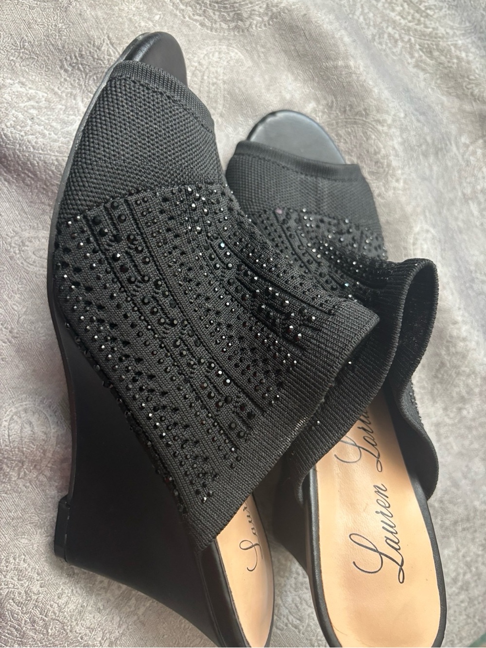 Lauren Lorraine Black Knit Slip-On Wedge Mules with Sparkle